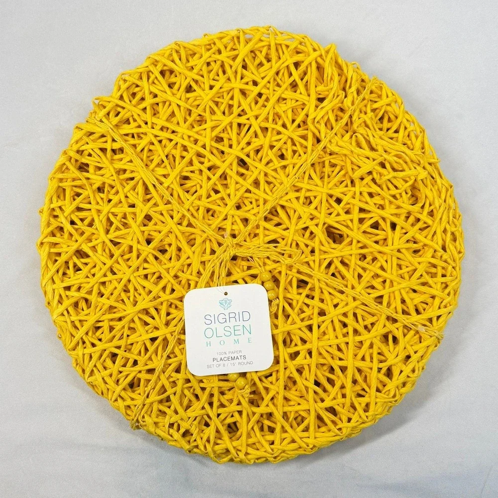 Sigrid Olsen Home Placemats Yellow Woven Paper Round Set of 8, 14.5